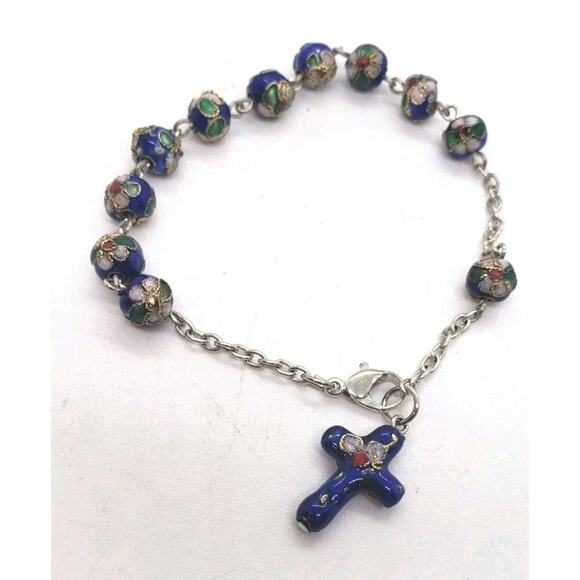 Cloisonne Flower Bead Bracelet With Rosary Cross Charm On Silver Chain - Picture 1 of 10